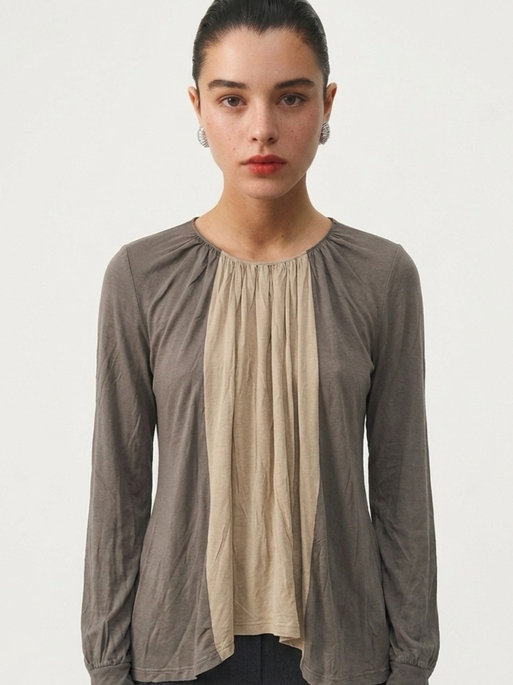 CHLOÉ | Elephant Taupe Draped Top Pintuck Neckline Long Sleeve Women’s Size M